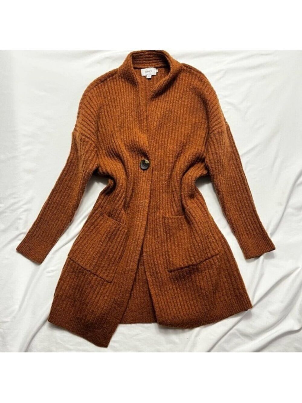ONLY Longline Cardigan Sweater Coat Ribbed Knit Brown Medium